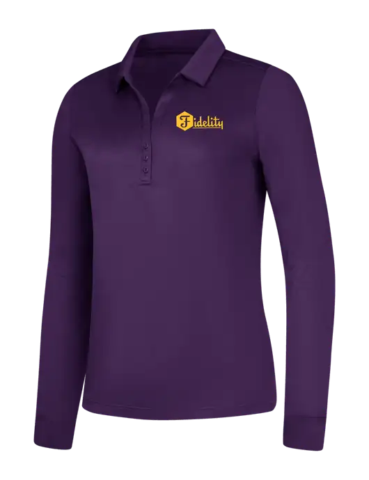 Womens Purple Silk Touch Performance Long Sleeve Polo w/Fidelity Bank Logo