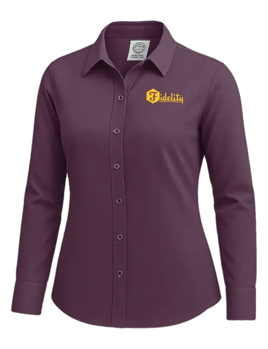 Brooks Brothers Womens Eggplant Wrinkle-Free Stretch Nailhead Shirt w/Fidelity Bank Logo