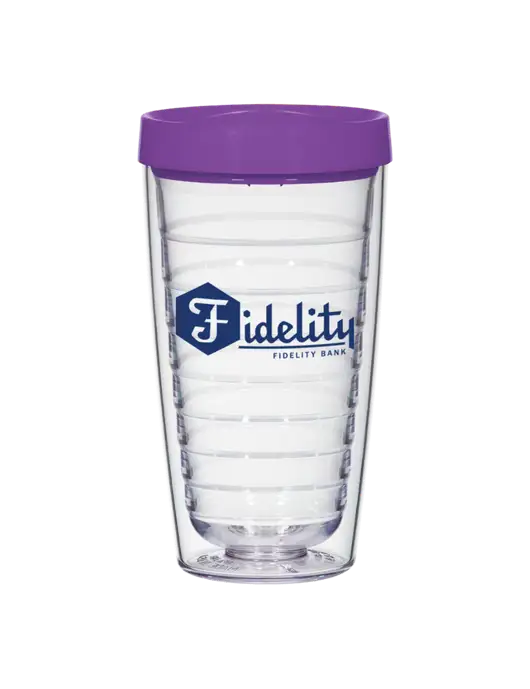 16 oz Trivex Double Wall Tumbler with Purple Travel Lid w/Fidelity Bank Logo