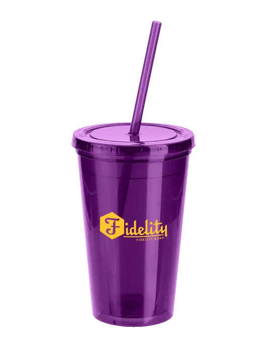 Sorrento Purple 16 oz Tumbler with Lid & Straw w/Fidelity Bank Logo