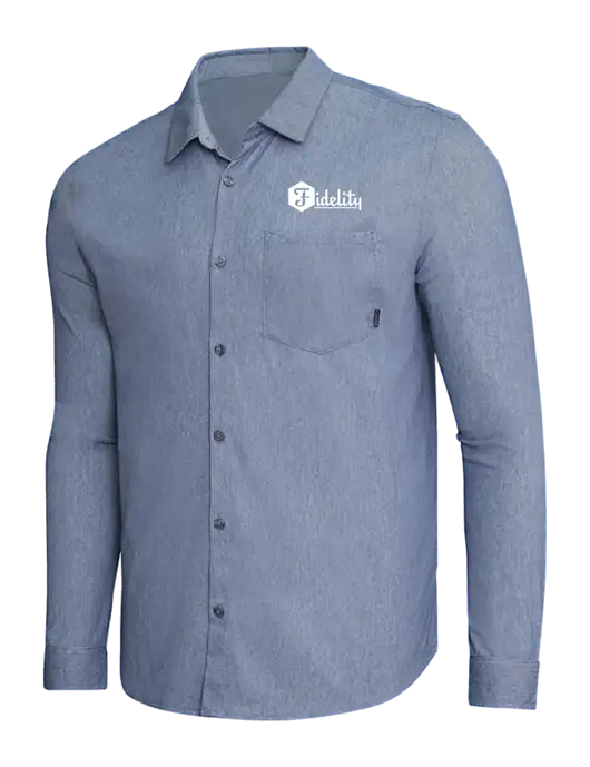 OGIO Slate Blue Heather Extend Long Sleeve Button Up Shirt w/Fidelity Bank Logo