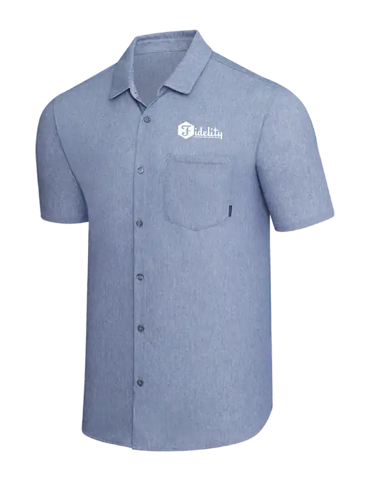 OGIO Slate Blue Heather Extend Short Sleeve Button Up Shirt w/Fidelity Bank Logo