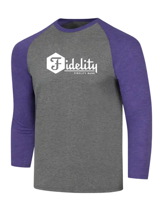 Simply Soft 3/4 Sleeve Purple Frost/Grey Frost Ring Spun Cotton T-Shirt w/Fidelity Bank Logo