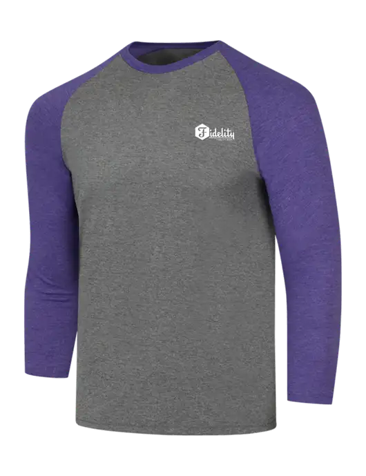 Simply Soft 3/4 Sleeve Purple Frost/Grey Frost Ring Spun Cotton T-Shirt w/Fidelity Bank Logo