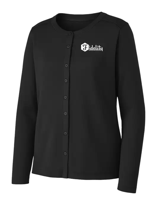 Black Womens Concept Stretch Button-Front Cardigan Sweater w/Fidelity Bank Logo