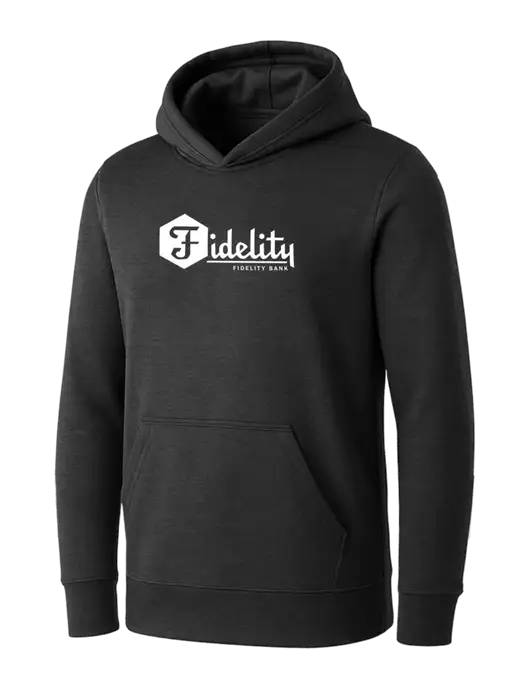 Womens Dark Grey Heather Core Fleece Pullover Hooded Sweatshirt w/Fidelity Bank Logo