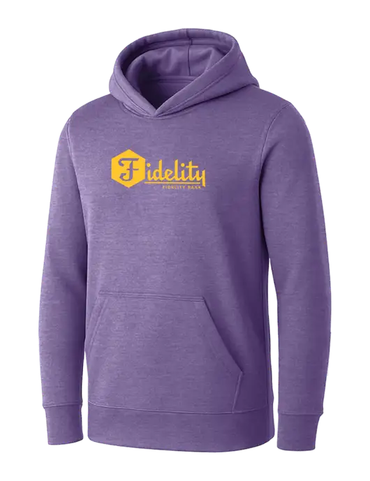 Womens Purple Heather Core Fleece Pullover Hooded Sweatshirt w/Fidelity Bank Logo