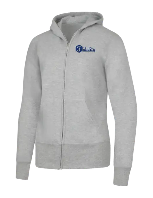 Grey Heather Womens Core Fleece Full-Zip Hooded Sweatshirt w/Fidelity Bank Logo