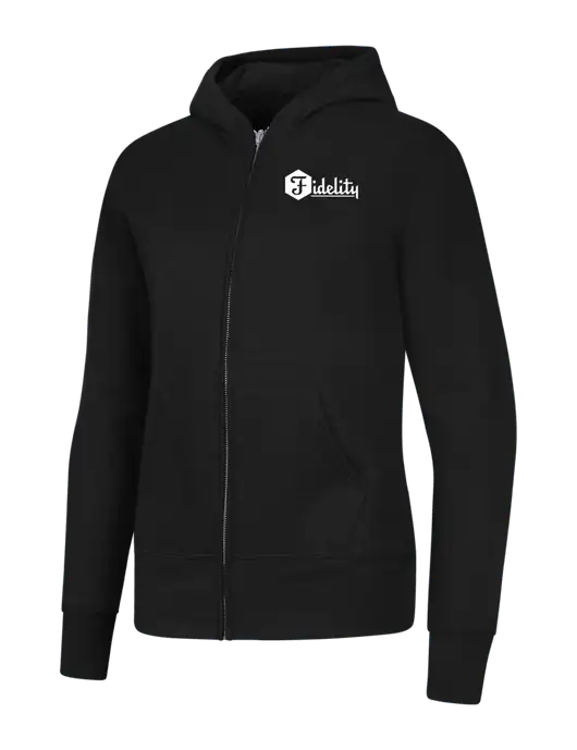 Jet Black Womens Core Fleece Full-Zip Hooded Sweatshirt w/Fidelity Bank Logo