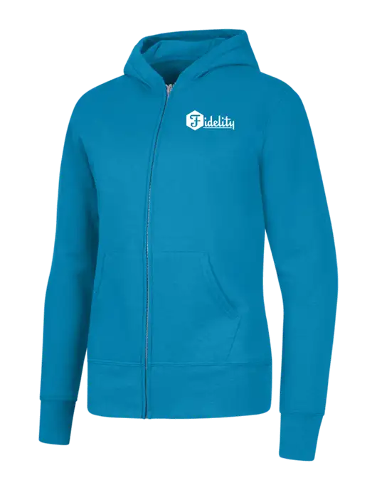 Neon Blue Womens Core Fleece Full-Zip Hooded Sweatshirt w/Fidelity Bank Logo