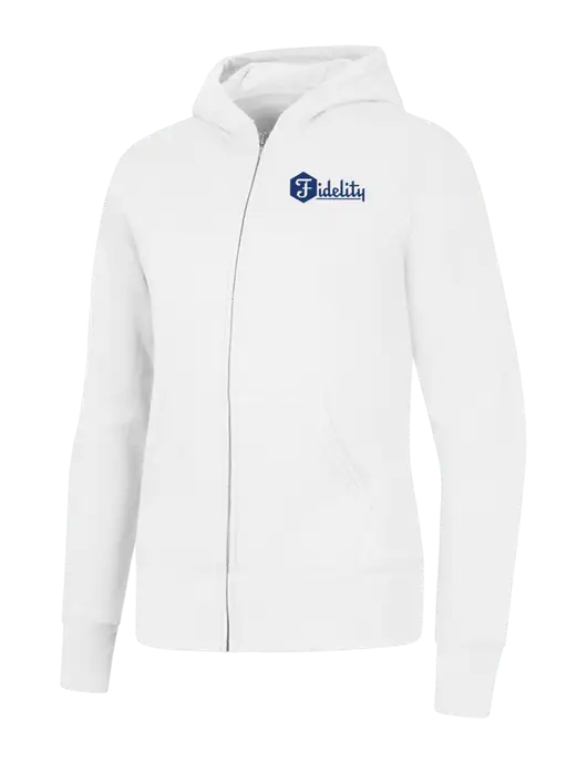 White Womens Core Fleece Full-Zip Hooded Sweatshirt w/Fidelity Bank Logo