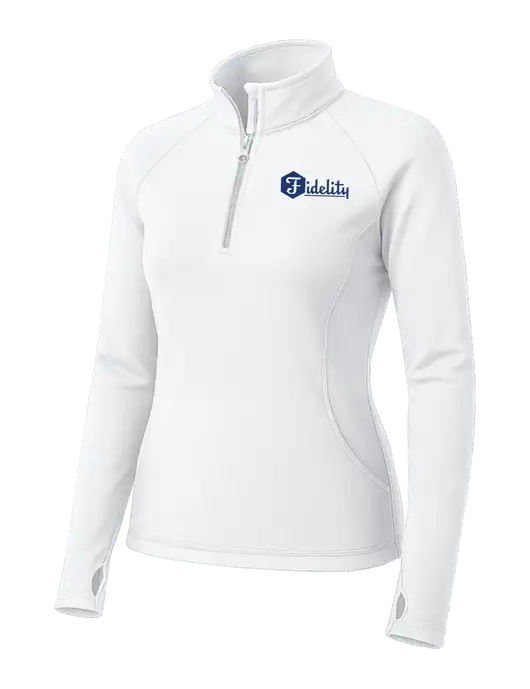 White Womens Sport Wick Stretch 1/4 Zip Pullover w/Fidelity Bank Logo
