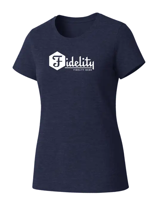 Womens Seriously Soft Heathered Navy T-Shirt w/Fidelity Bank Logo