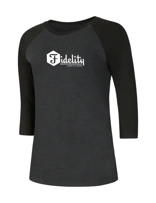 Womens Simply Soft 3/4 Sleeve Black/Black Frost Ring Spun Cotton T-Shirt w/Fidelity Bank Logo