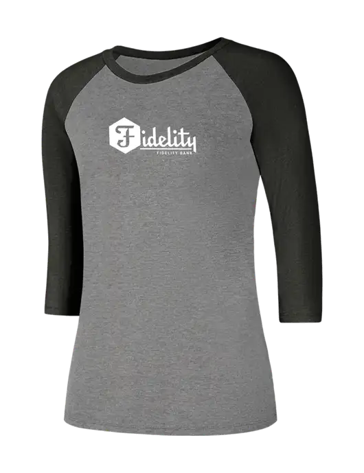Womens Simply Soft 3/4 Sleeve Black Frost/Grey Frost Ring Spun Cotton T-Shirt w/Fidelity Bank Logo