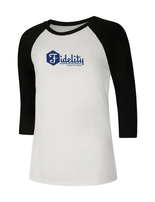 Womens Simply Soft 3/4 Sleeve Black/White Ring Spun Cotton T-Shirt w/Fidelity Bank Logo