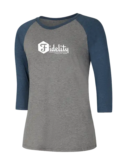 Womens Simply Soft 3/4 Sleeve Navy Frost/Grey Frost Ring Spun Cotton T-Shirt w/Fidelity Bank Logo