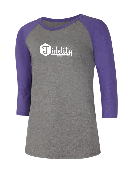 Womens Simply Soft 3/4 Sleeve Purple Frost/Grey Frost Ring Spun Cotton T-Shirt w/Fidelity Bank Logo