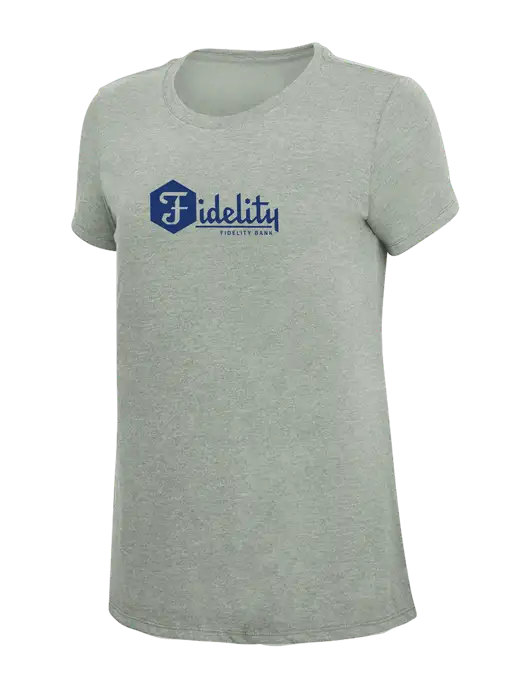 Womens Simply Soft Heathered Light Grey 4.5oz Poly/Combed Ring Spun Cotton T-Shirt w/Fidelity Bank Logo