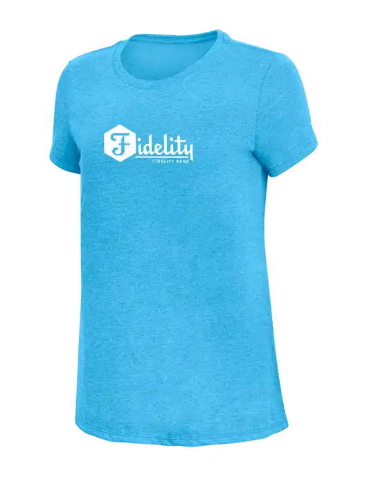 Womens Simply Soft Turquoise Frost 4.5oz  Poly/Combed Ring Spun Cotton T-Shirt w/Fidelity Bank Logo