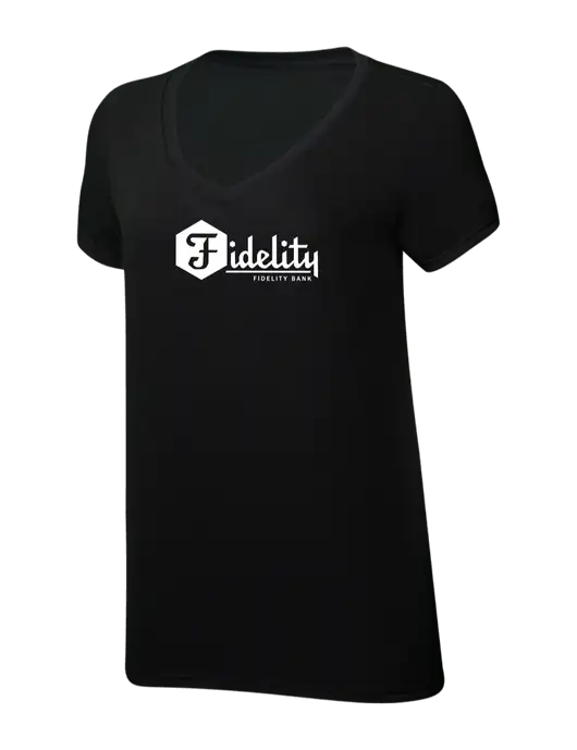 Womens Simply Soft V-Neck Black 4.5oz  Poly/Combed Ring Spun Cotton T-Shirt w/Fidelity Bank Logo