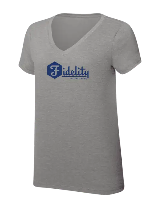 Womens Simply Soft V-Neck Grey Frost 4.5oz  Poly/Combed Ring Spun Cotton T-Shirt w/Fidelity Bank Logo