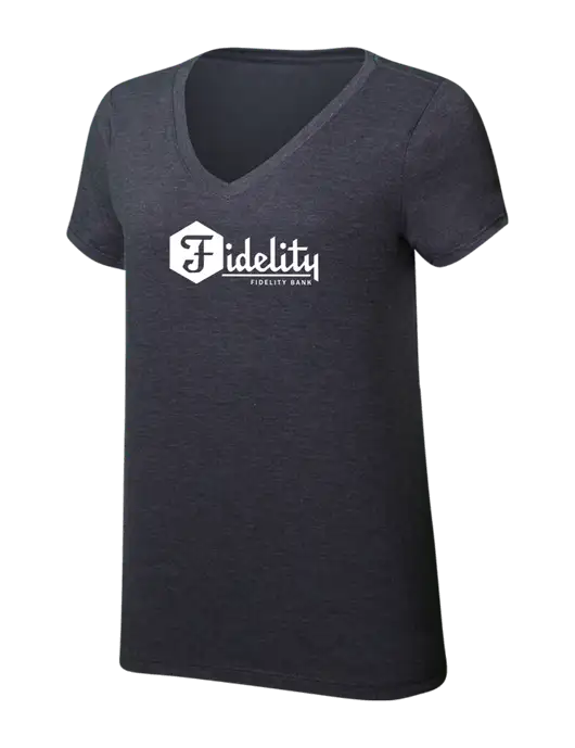 Womens Simply Soft V-Neck Heather Charcoal 4.5oz  Poly/Combed Ring Spun Cotton T-Shirt w/Fidelity Bank Logo