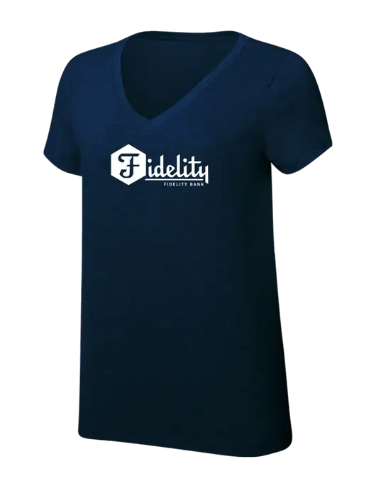 Womens Simply Soft V-Neck New Navy 4.5oz  Poly/Combed Ring Spun Cotton T-Shirt w/Fidelity Bank Logo