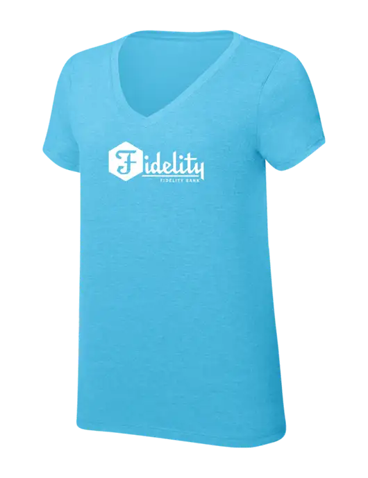 Womens Simply Soft V-Neck Turquoise Frost 4.5oz  Poly/Combed Ring Spun Cotton T-Shirt w/Fidelity Bank Logo