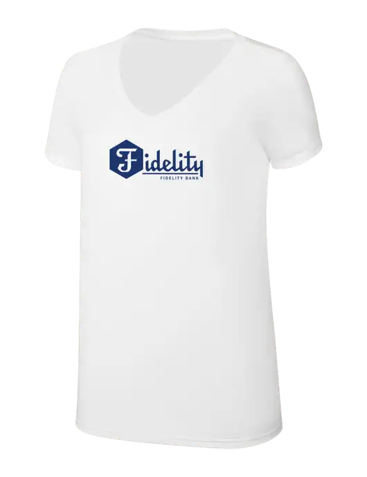 Womens Simply Soft V-Neck White 4.5oz  Poly/Combed Ring Spun Cotton T-Shirt w/Fidelity Bank Logo