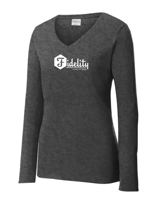 Womens  V-Neck Ring Spun Dark Heather Grey 4.5 oz Long Sleeve T-Shirt w/Fidelity Bank Logo