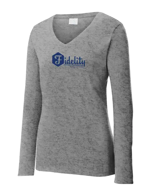 Womens  V-Neck Ring Spun Grey Heather 4.5 oz Long Sleeve T-Shirt w/Fidelity Bank Logo