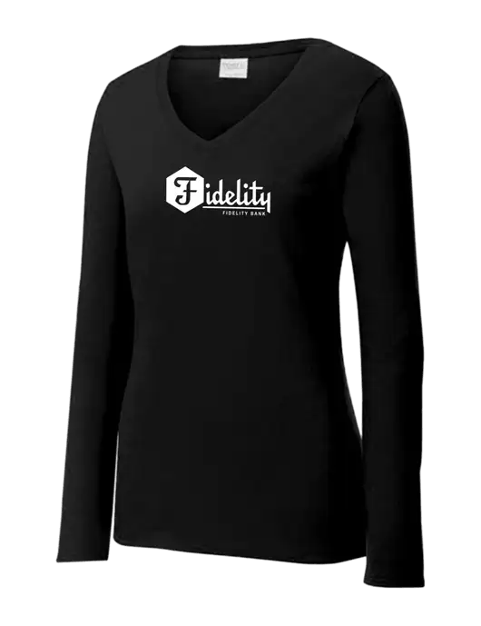 Womens V-Neck Ring Spun Jet Black 4.5 oz Long Sleeve T-Shirt w/Fidelity Bank Logo