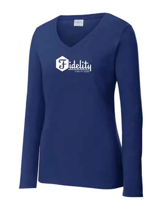 Womens  V-Neck Ring Spun Navy 4.5 oz Long Sleeve T-Shirt w/Fidelity Bank Logo