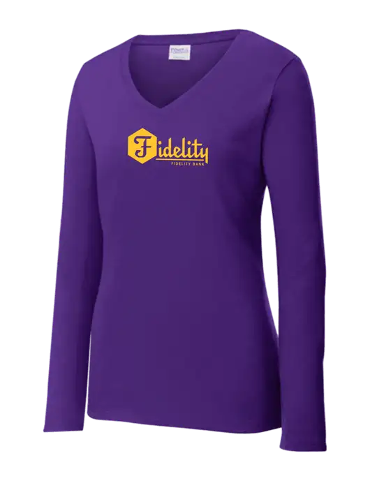 Womens  V-Neck Ring Spun Purple 4.5 oz Long Sleeve T-Shirt w/Fidelity Bank Logo