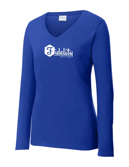 Womens  V-Neck Ring Spun Royal 4.5 oz Long Sleeve T-Shirt w/Fidelity Bank Logo