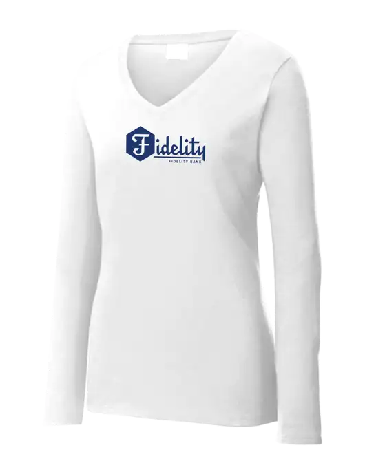 Womens  V-Neck Ring Spun White 4.5 oz Long Sleeve T-Shirt w/Fidelity Bank Logo