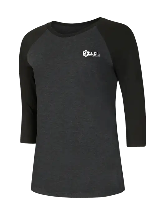 Womens Simply Soft 3/4 Sleeve Black/Black Frost Ring Spun Cotton T-Shirt w/Fidelity Bank Logo