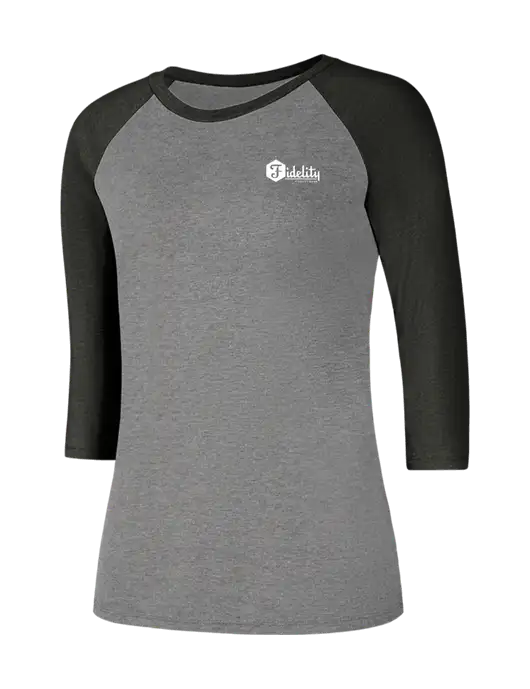 Womens Simply Soft 3/4 Sleeve Black Frost/Grey Frost Ring Spun Cotton T-Shirt w/Fidelity Bank Logo