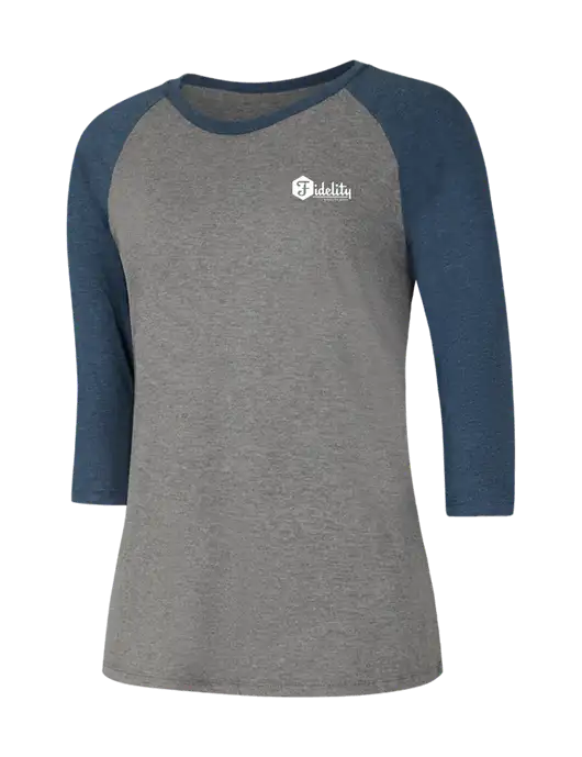 Womens Simply Soft 3/4 Sleeve Navy Frost/Grey Frost Ring Spun Cotton T-Shirt w/Fidelity Bank Logo