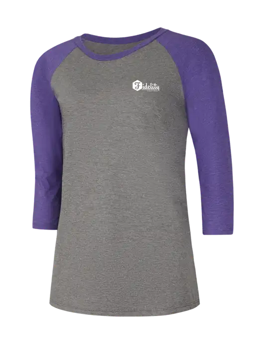 Womens Simply Soft 3/4 Sleeve Purple Frost/Grey Frost Ring Spun Cotton T-Shirt w/Fidelity Bank Logo