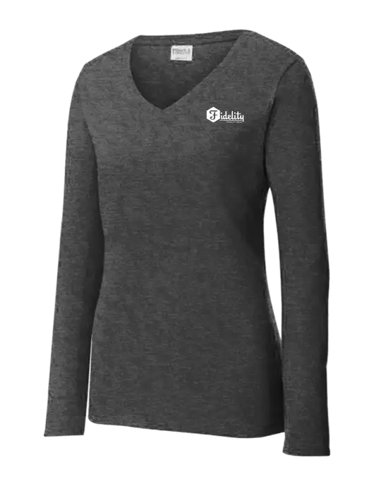 Womens  V-Neck Ring Spun Dark Heather Grey 4.5 oz Long Sleeve T-Shirt w/Fidelity Bank Logo