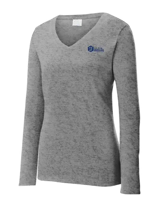 Womens  V-Neck Ring Spun Grey Heather 4.5 oz Long Sleeve T-Shirt w/Fidelity Bank Logo