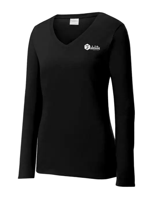 Womens V-Neck Ring Spun Jet Black 4.5 oz Long Sleeve T-Shirt w/Fidelity Bank Logo