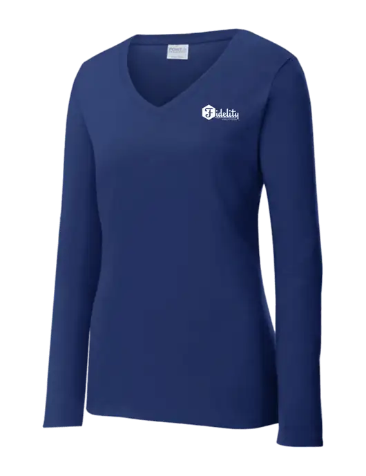 Womens  V-Neck Ring Spun Navy 4.5 oz Long Sleeve T-Shirt w/Fidelity Bank Logo