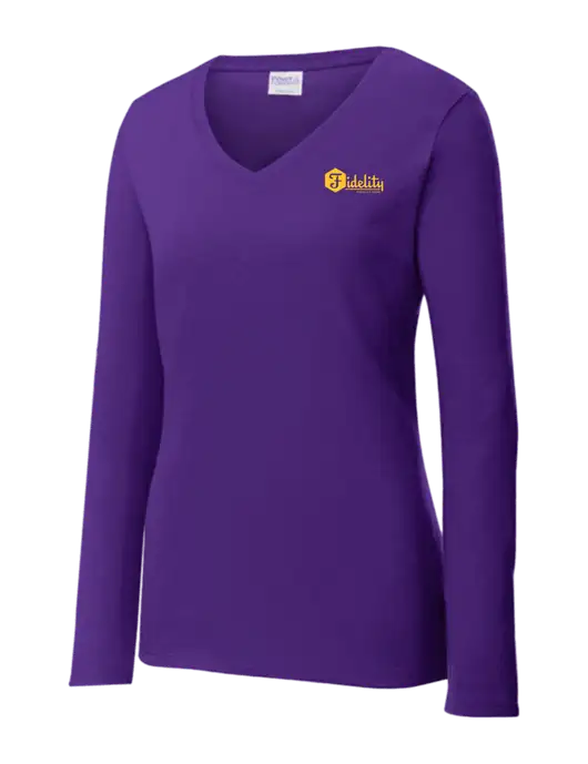 Womens  V-Neck Ring Spun Purple 4.5 oz Long Sleeve T-Shirt w/Fidelity Bank Logo