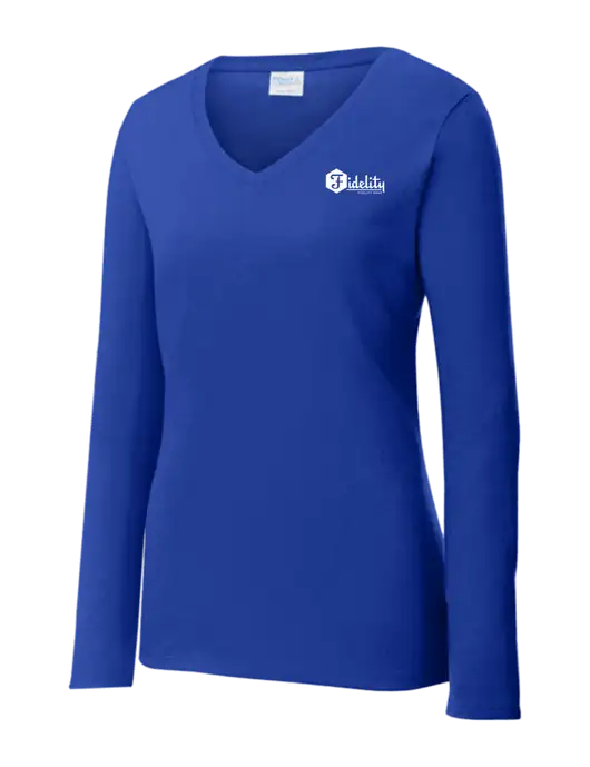 Womens  V-Neck Ring Spun Royal 4.5 oz Long Sleeve T-Shirt w/Fidelity Bank Logo