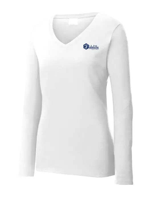 Womens  V-Neck Ring Spun White 4.5 oz Long Sleeve T-Shirt w/Fidelity Bank Logo