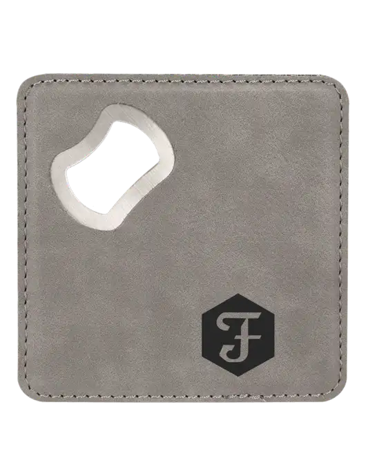 Grey Leatherette Coaster with Bottle Opener w/Fidelity Bank Logo