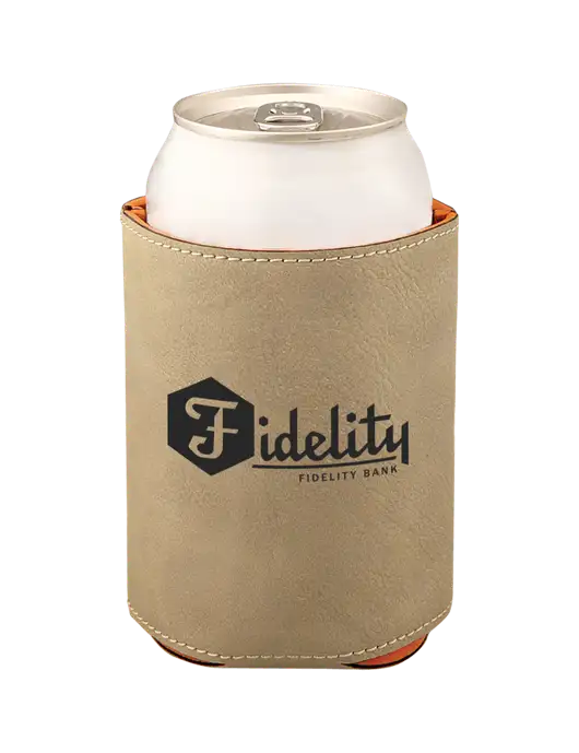 Tan Leatherette Beverage Holder w/Fidelity Bank Logo